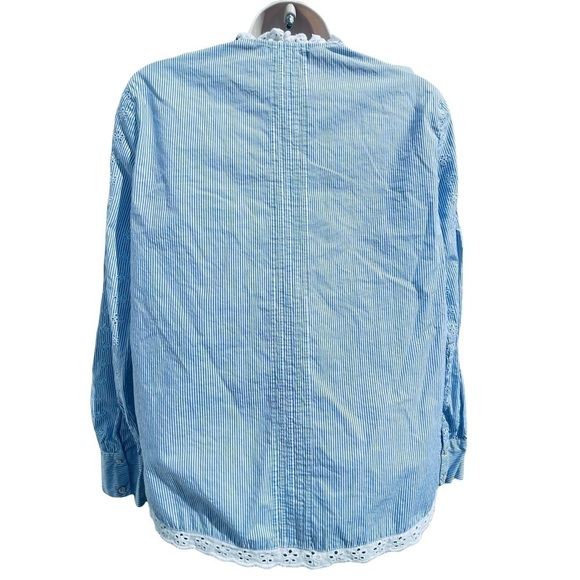 ZARA WOMEN button up blue pinstripe blouse white lace trim size small - Picture 3 of 8